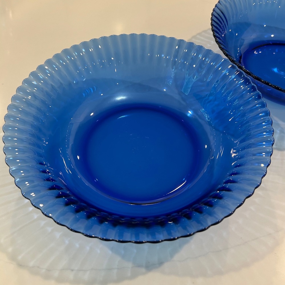 VTG Colorex Cobalt Blue Glass Bowls 9.5in Ribbed Scalloped Flutted Brazil 2pc